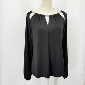 Michael Kors Chain Neck Top size Large Black Slinky Knit Long Sleeve Lagenlook